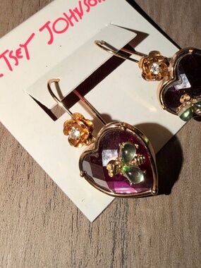 Betsey Johnson Purple Heart Earrings with Green Bee Accent